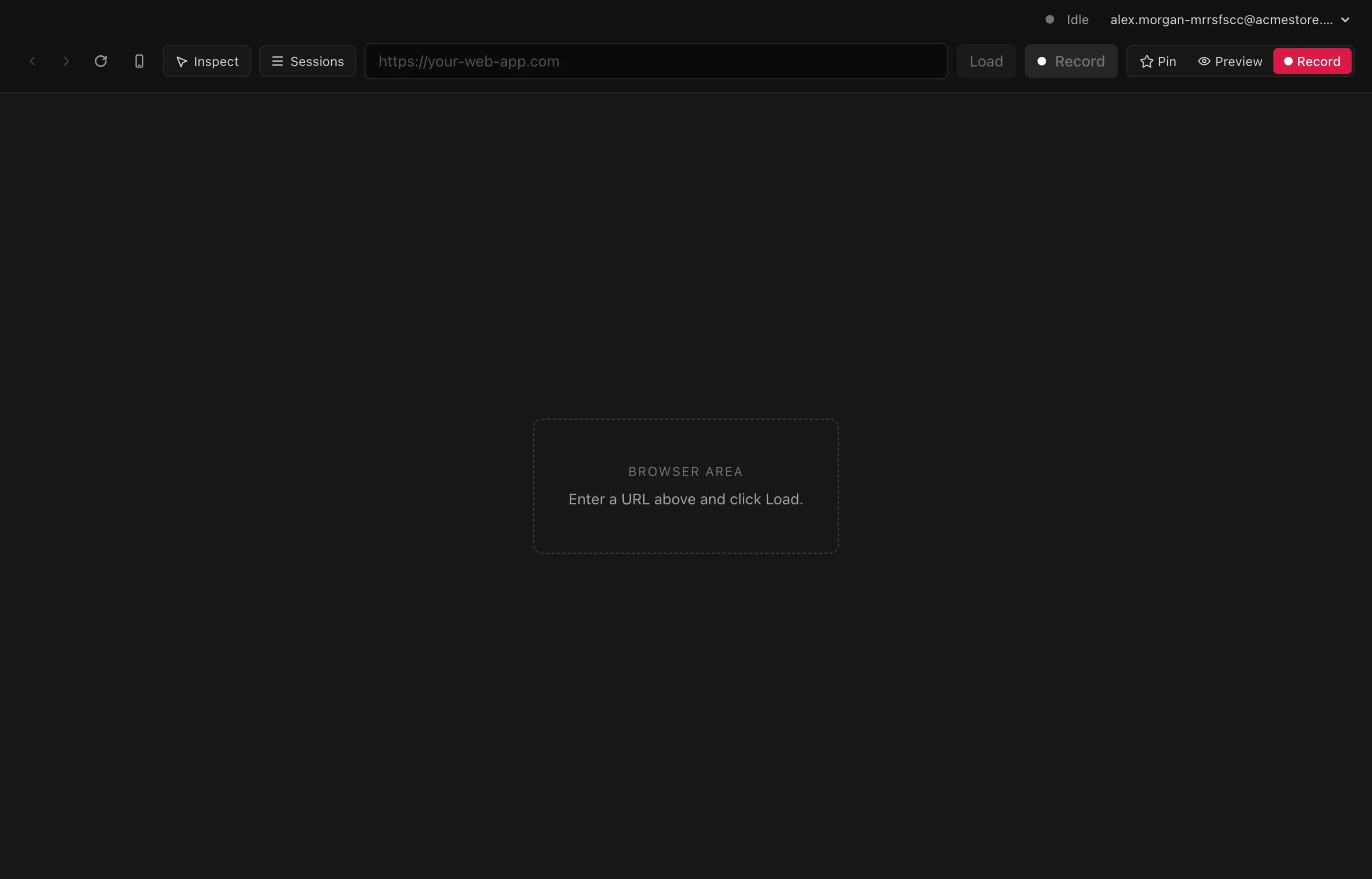 The desktop app signed in: toolbar with URL bar, Inspect and Sessions, Pin, Preview and Record actions