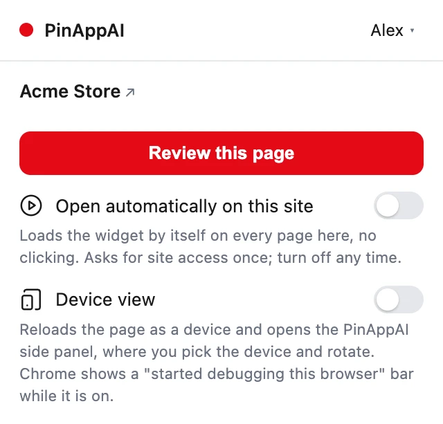 The extension popup with a matched project: Review this page, always-on and Device view toggles