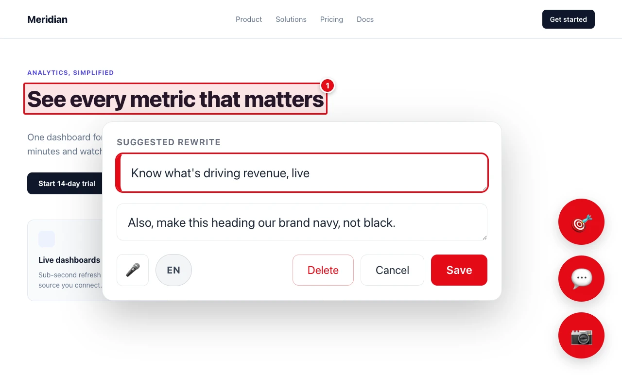 Bir reviewer canlı sitesinde bir başlığı işaret ediyor; PinAppAI tam da o öğeyi vurguluyor ve önerilen bir yeniden yazım metniyle yorum alanı içeren bir düzenleyici açıyor.