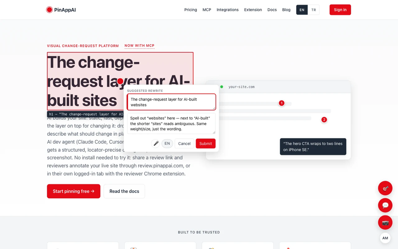 The live site open through the review link on desktop: the hero heading selected and highlighted with a pin marker, and an open composer showing a suggested rewrite, a comment, and a Submit button