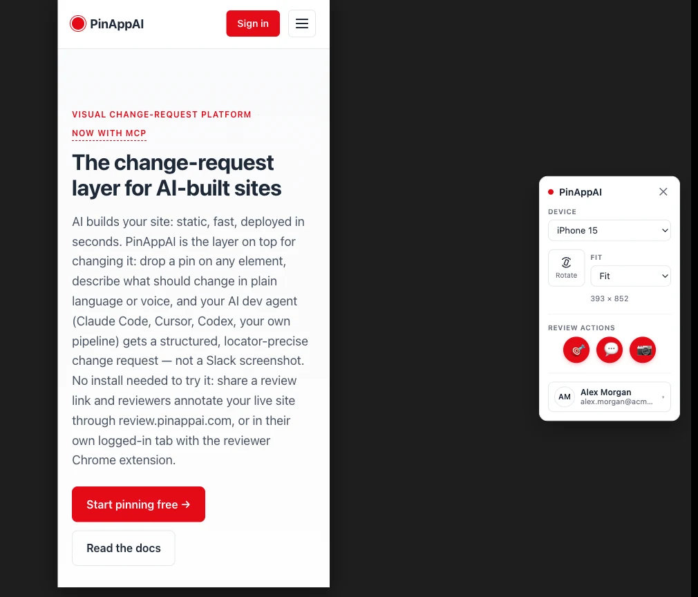 A live site rendered as an iPhone 15 in Device view, beside a control gutter with a device picker, Rotate and Fit controls, the viewport size, the pin, comment, and screenshot buttons, and the reviewer's identity